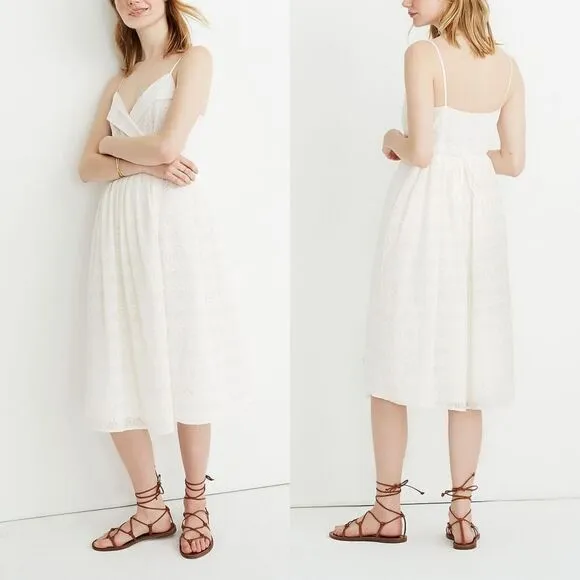 🆕️ Madewell Pleated Viole Crinkle Embroidered Floral Wrap Midi Dress in Ivory