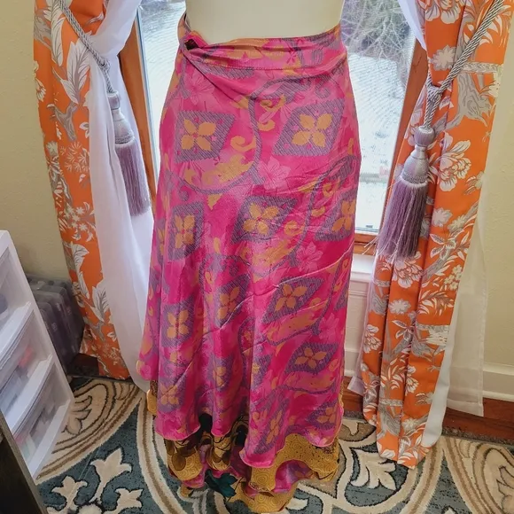 100% Silk Recycled Sari Wrap Skirt/Dress Tea Length