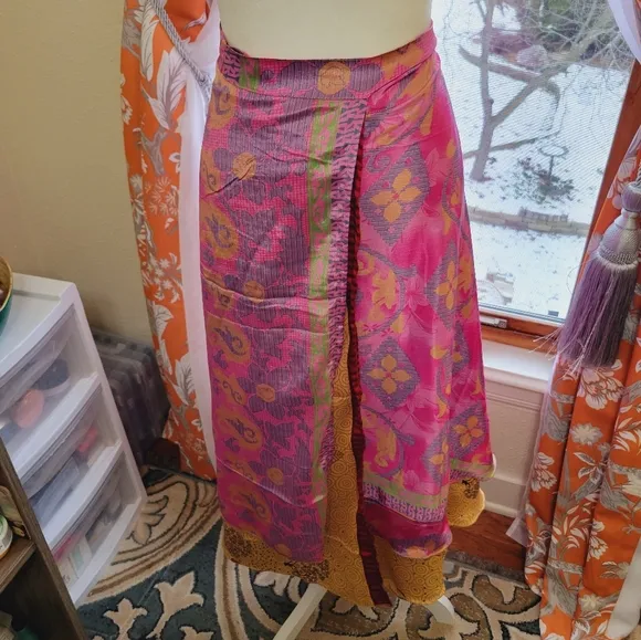 100% Silk Recycled Sari Wrap Skirt/Dress Tea Length