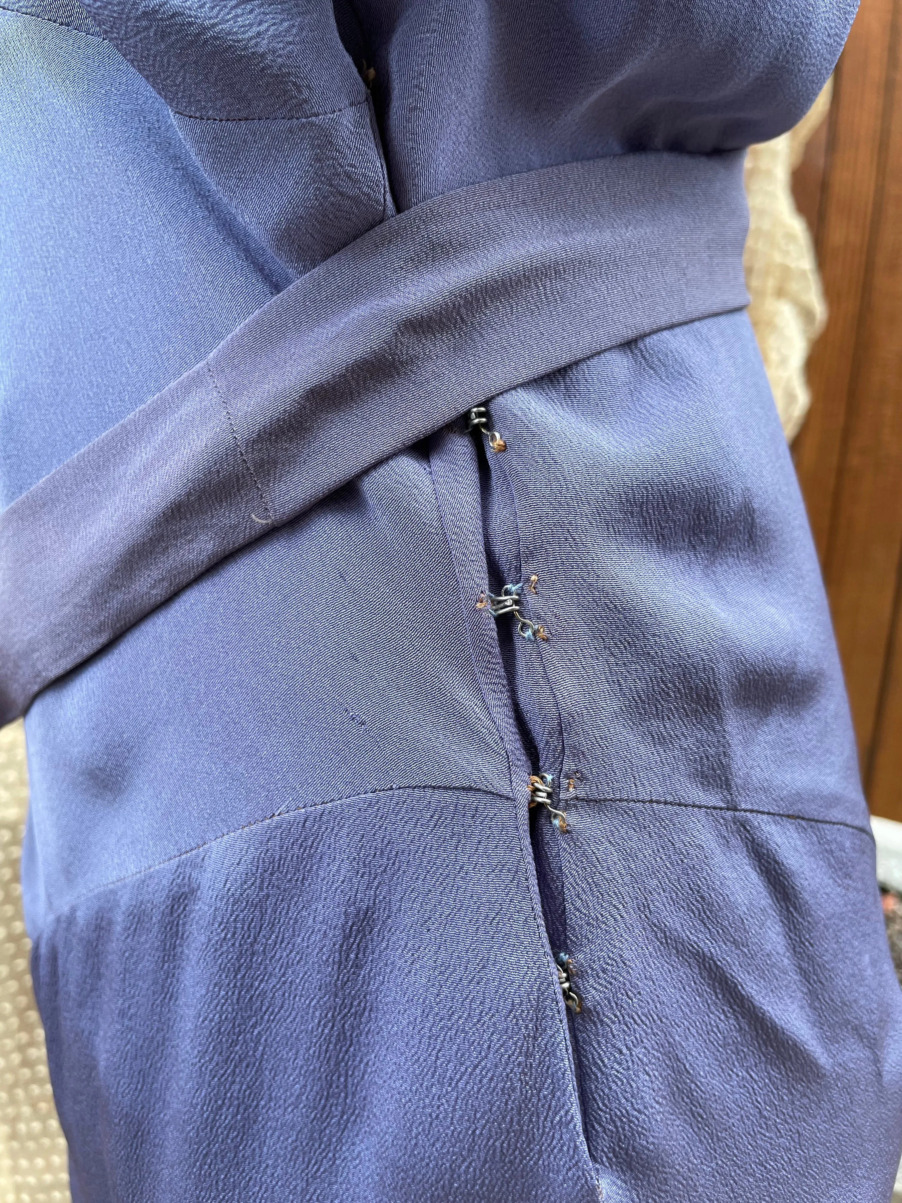 1930s Periwinkle Rayon Crepe Balloon Sleeve Midi Dress