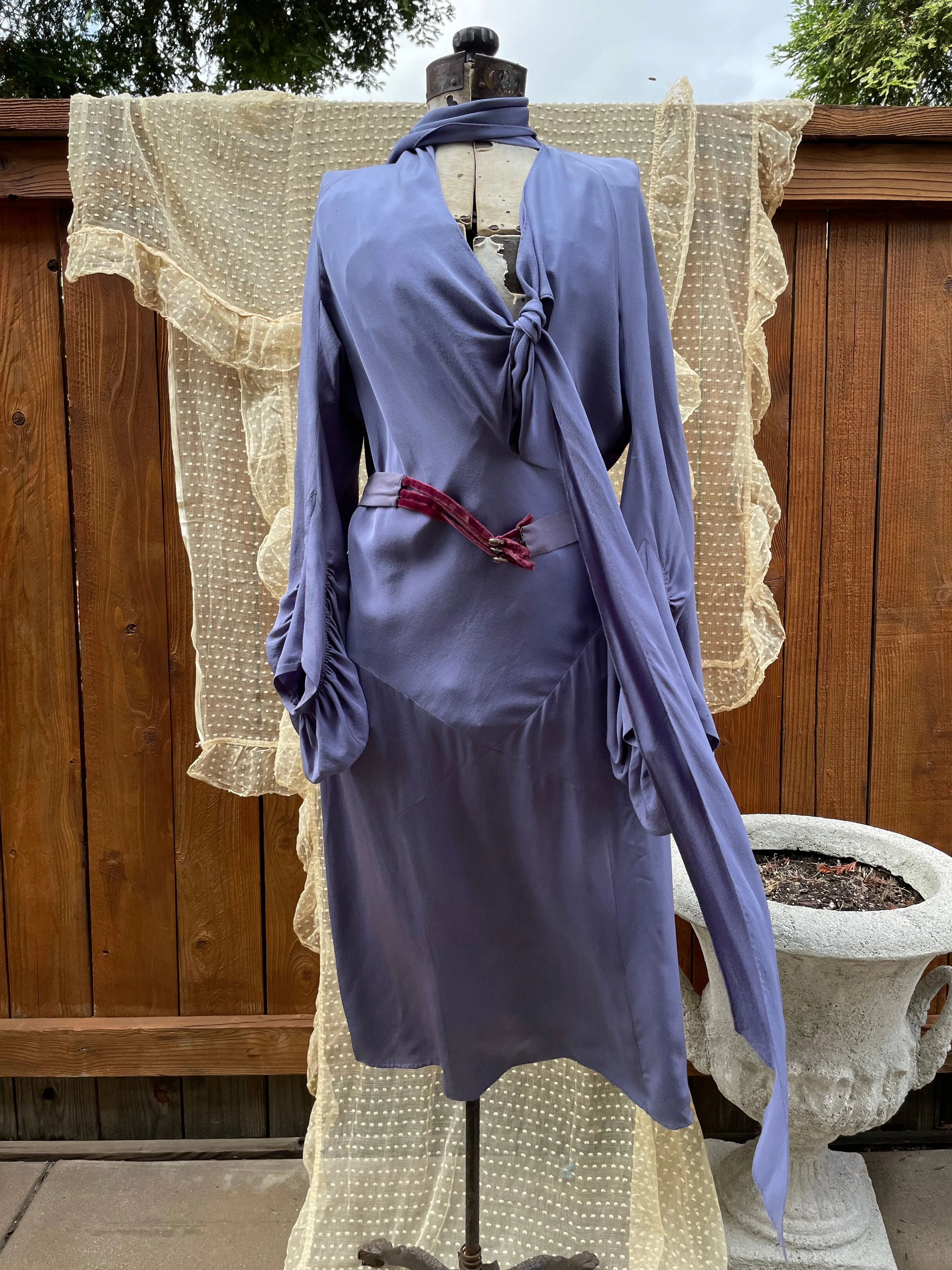 1930s Periwinkle Rayon Crepe Balloon Sleeve Midi Dress