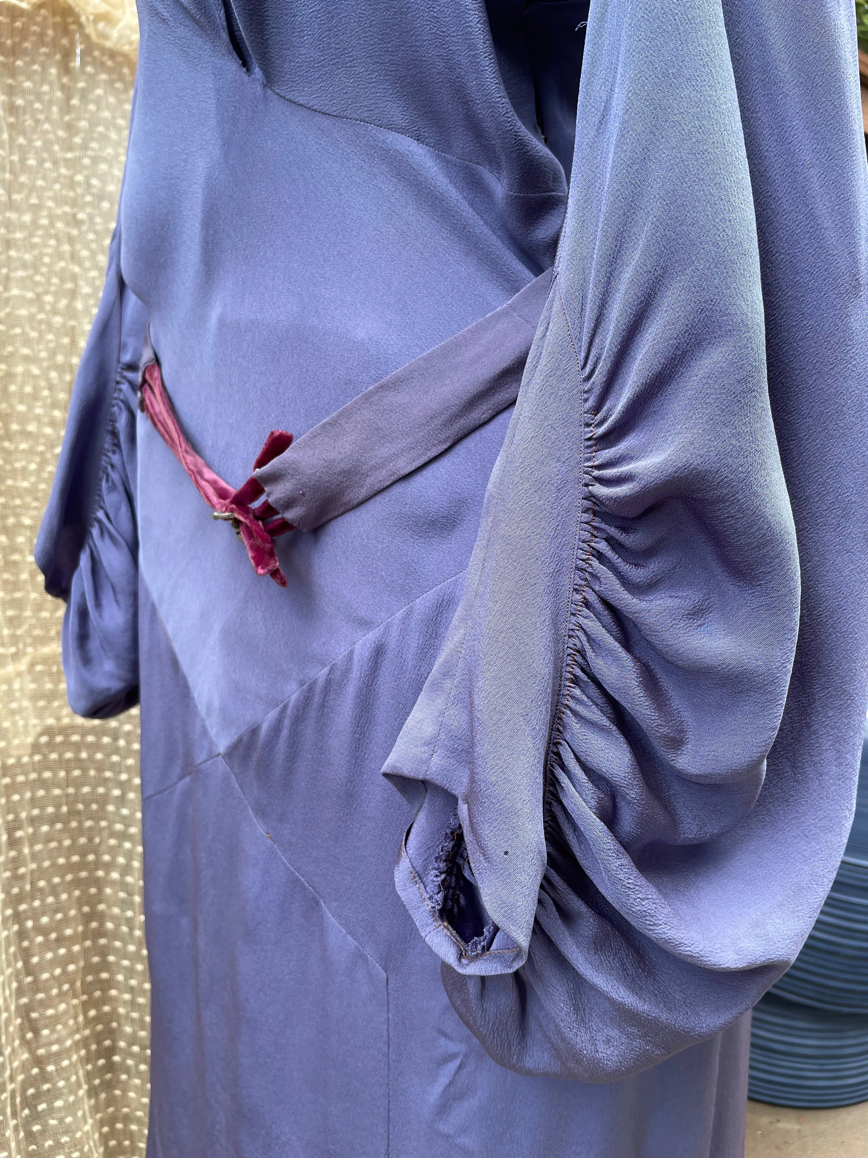 1930s Periwinkle Rayon Crepe Balloon Sleeve Midi Dress