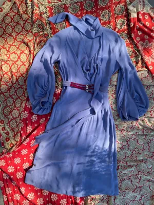 1930s Periwinkle Rayon Crepe Balloon Sleeve Midi Dress