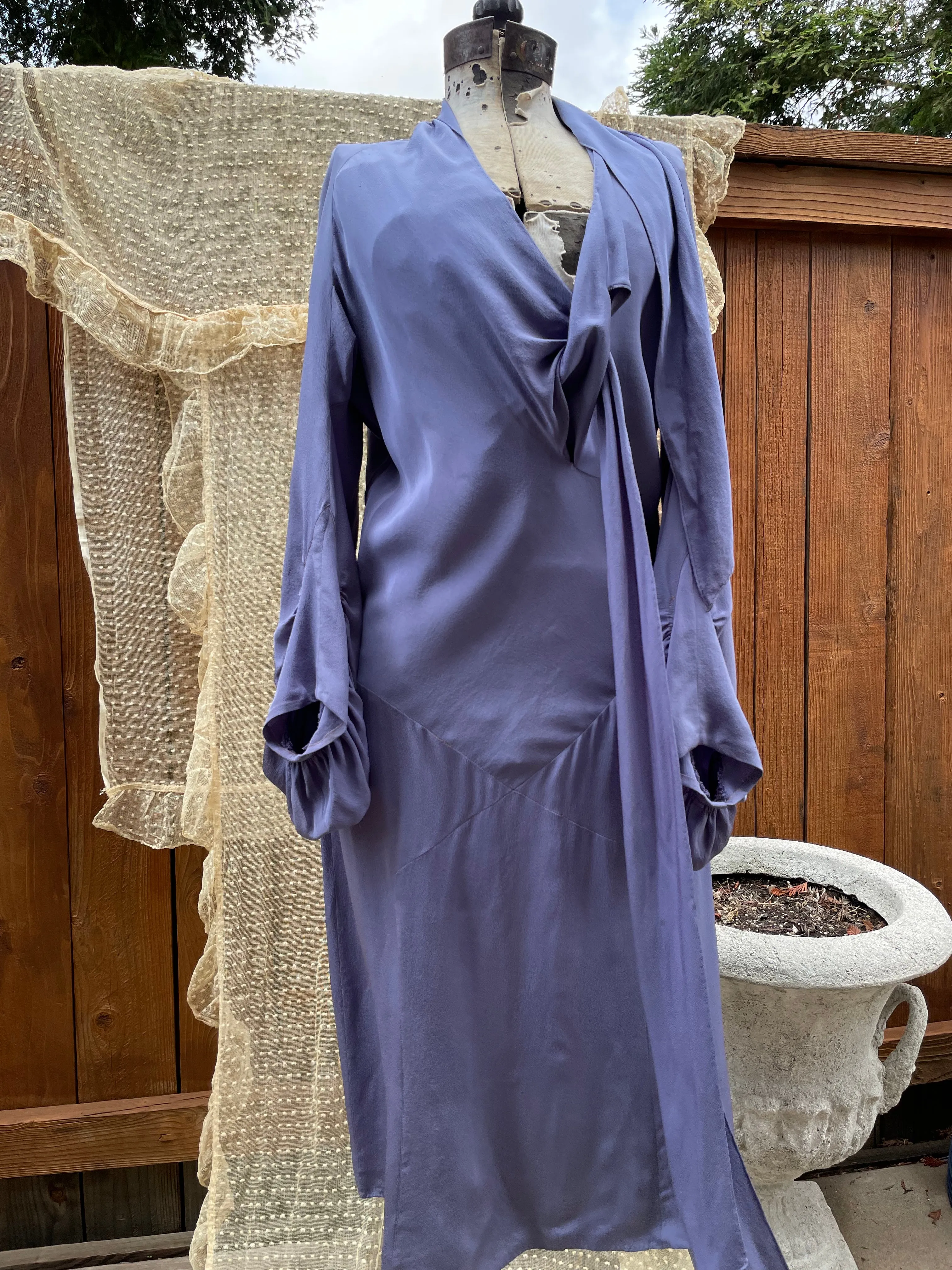 1930s Periwinkle Rayon Crepe Balloon Sleeve Midi Dress