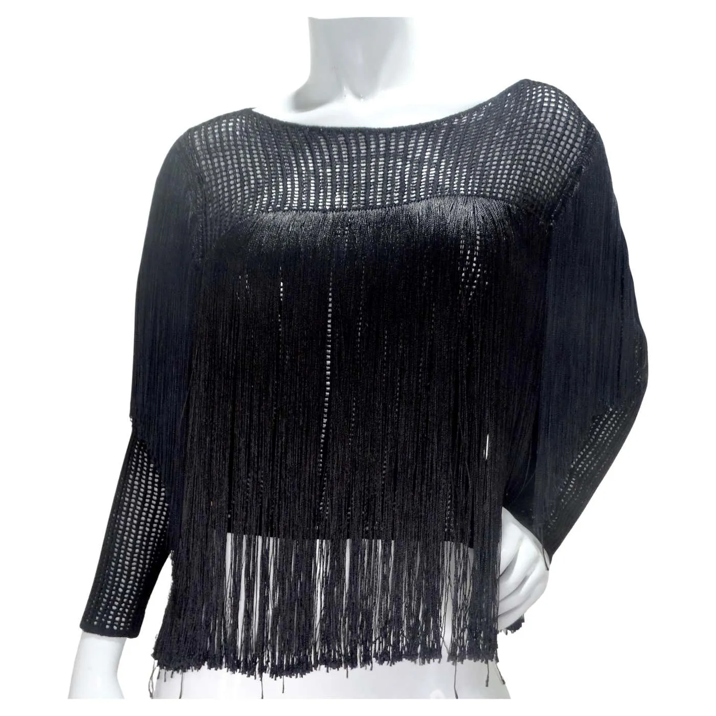 1980s Black Fringe Long Sleeve Top