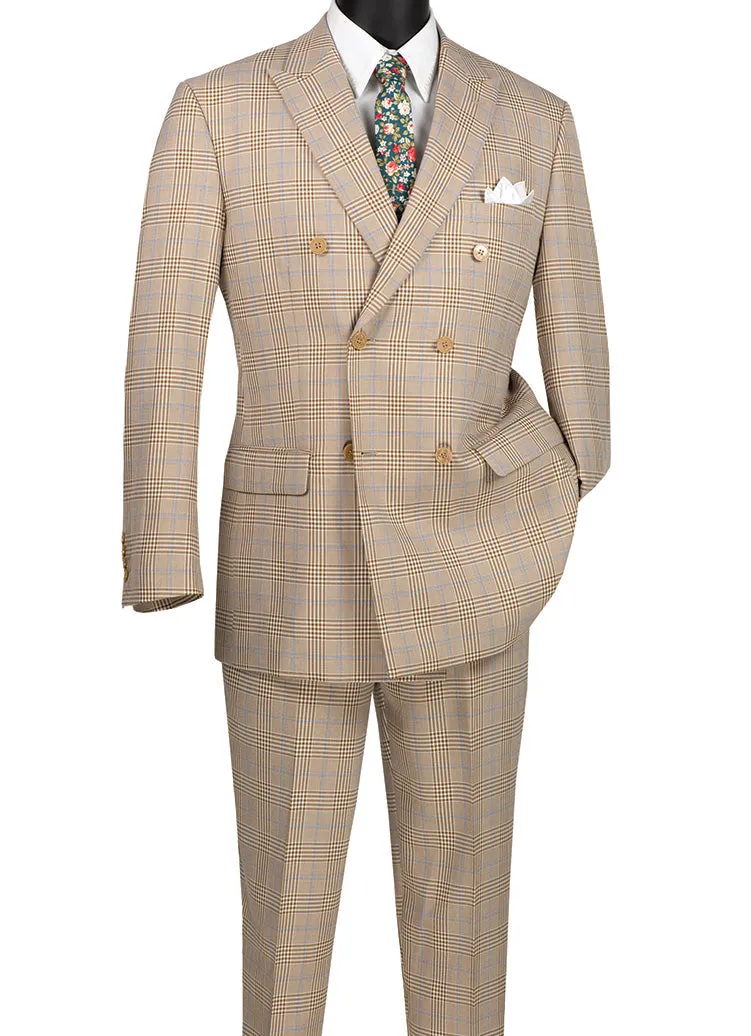 2 Piece Double Breasted Windowpane Suit (Beige) DRW-2