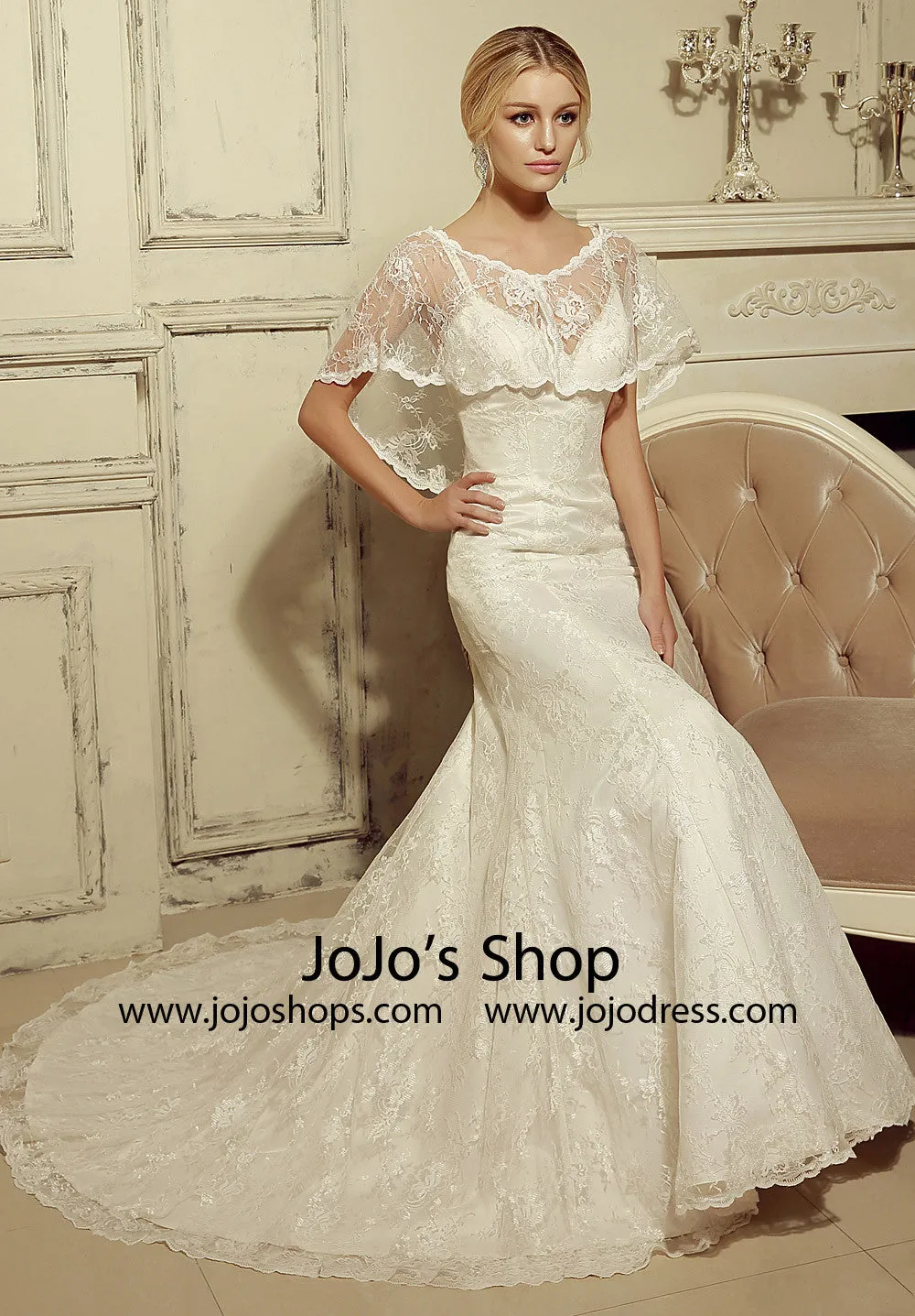 2 Piece Lace Mermaid Wedding Dress with Lace Cape | HL1024