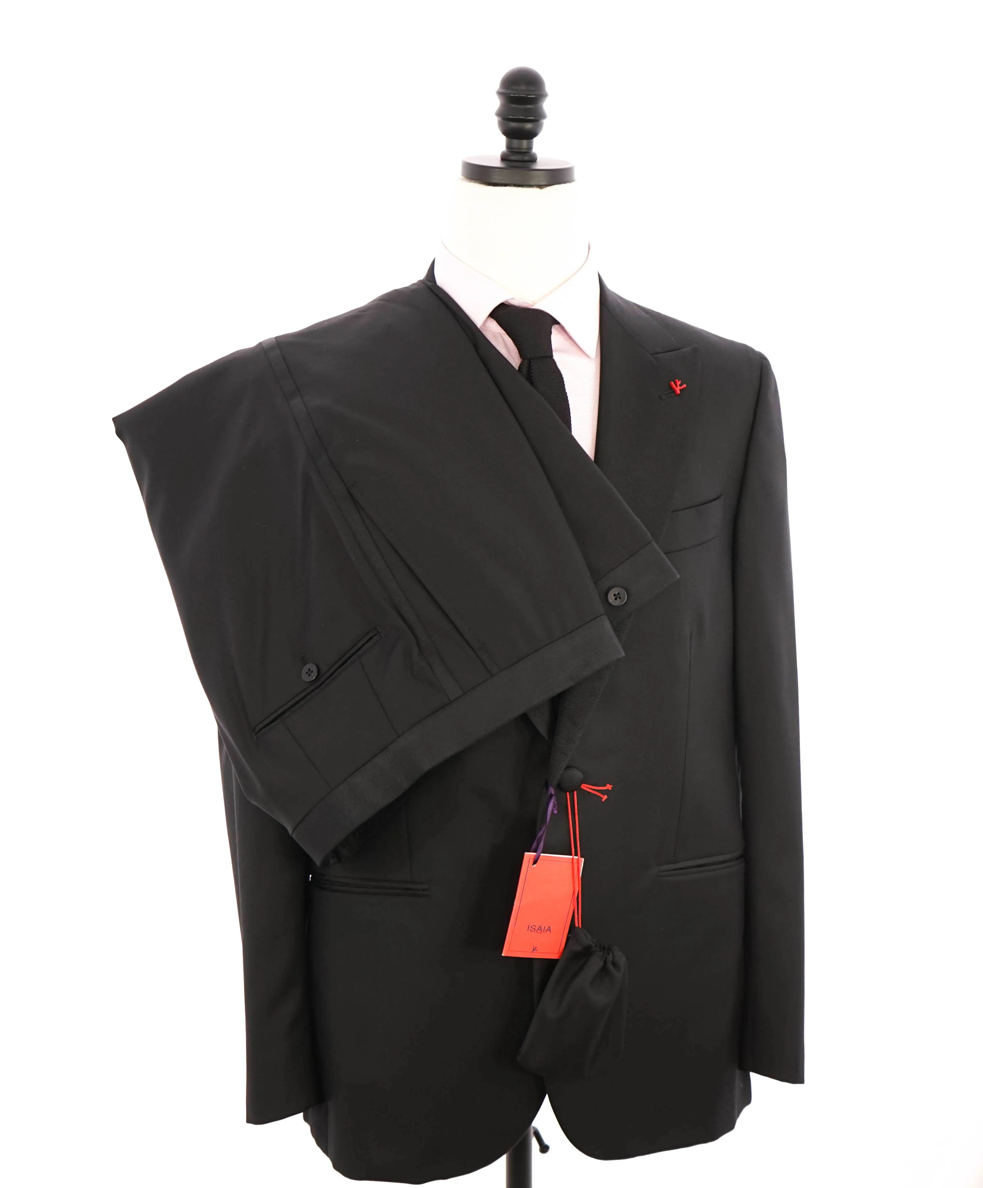 $4,595 ISAIA - "AQUASPIDER" Satin PEAK LAPEL Black Wool Tuxedo - 44R