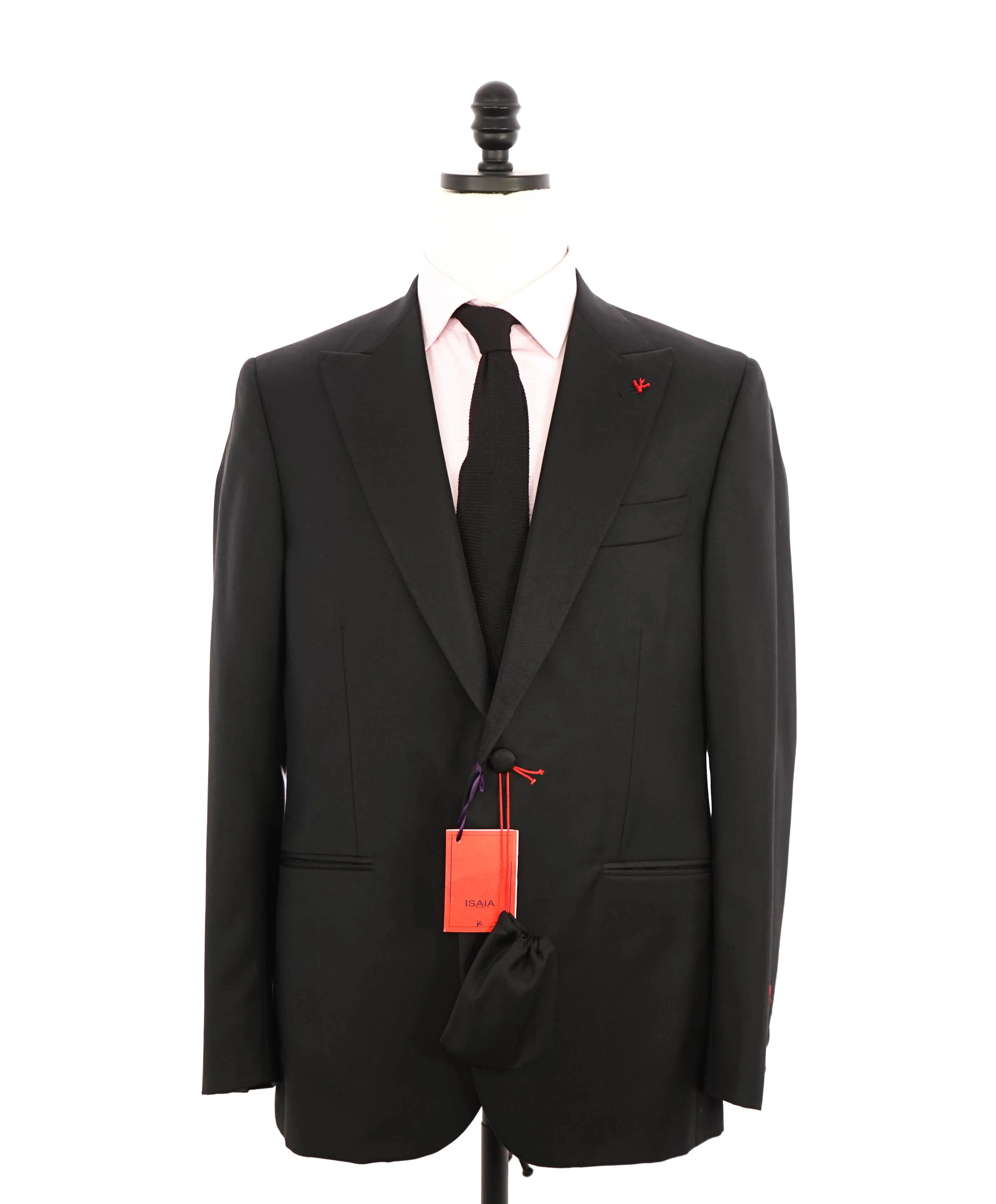 $4,595 ISAIA - "AQUASPIDER" Satin PEAK LAPEL Black Wool Tuxedo - 44R