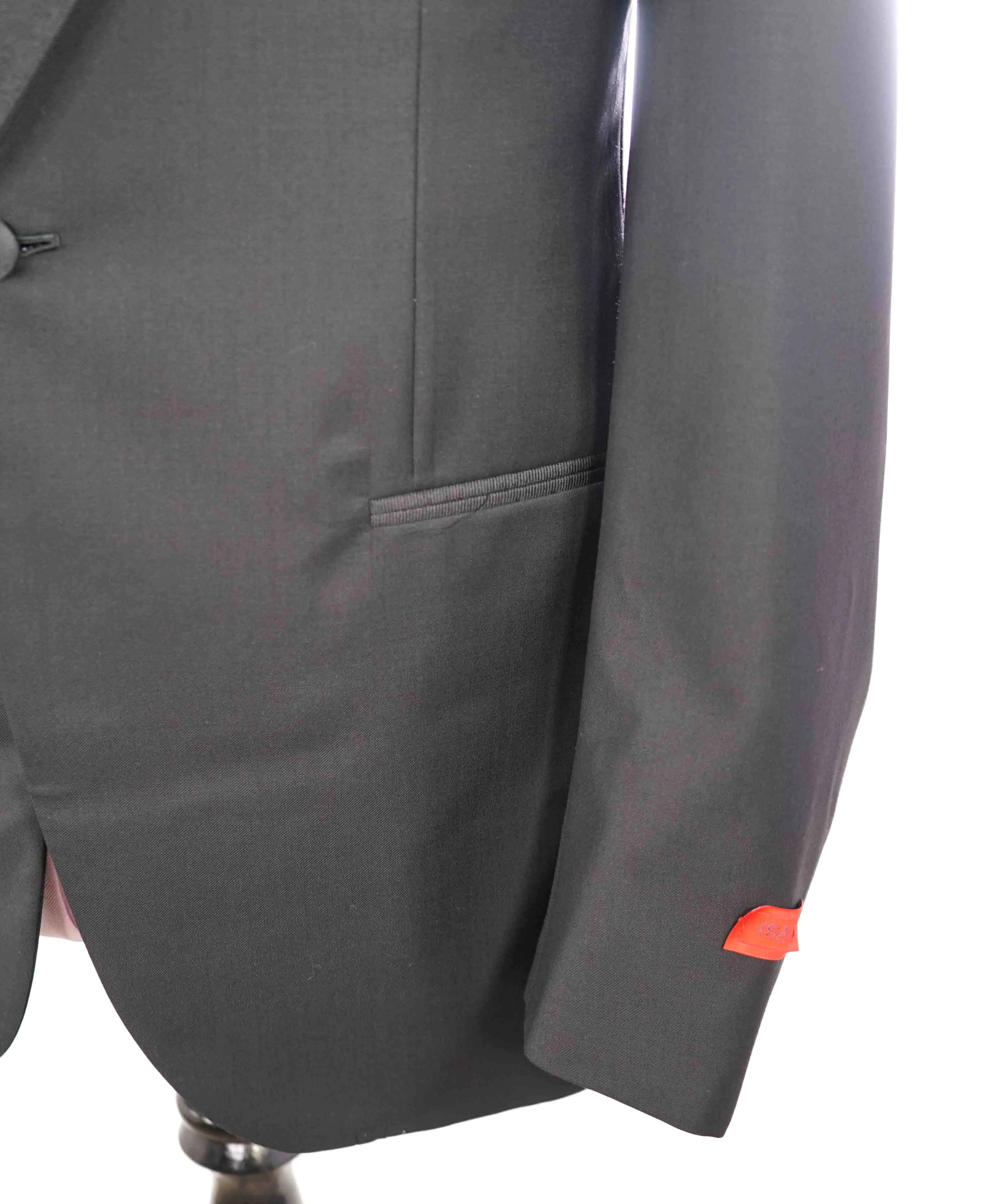 $4,595 ISAIA - "AQUASPIDER" Satin PEAK LAPEL Black Wool Tuxedo - 46R