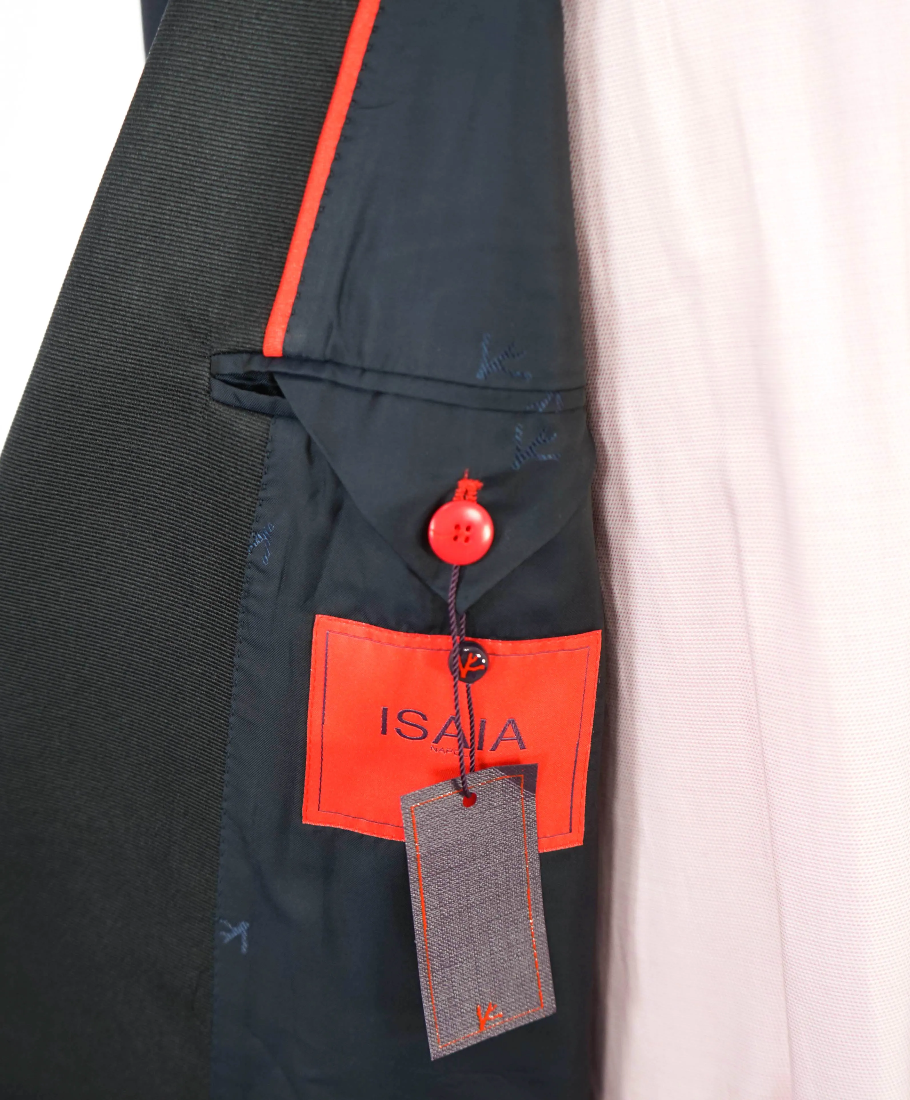 $4,595 ISAIA - "AQUASPIDER" Satin PEAK LAPEL Navy Blue Wool Tuxedo - 48R