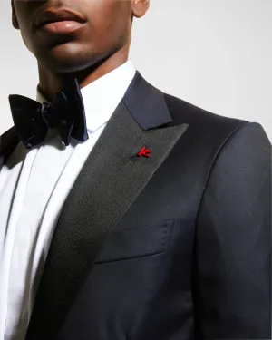 $4,595 ISAIA - "AQUASPIDER" Satin PEAK LAPEL Navy Blue Wool Tuxedo - 48R
