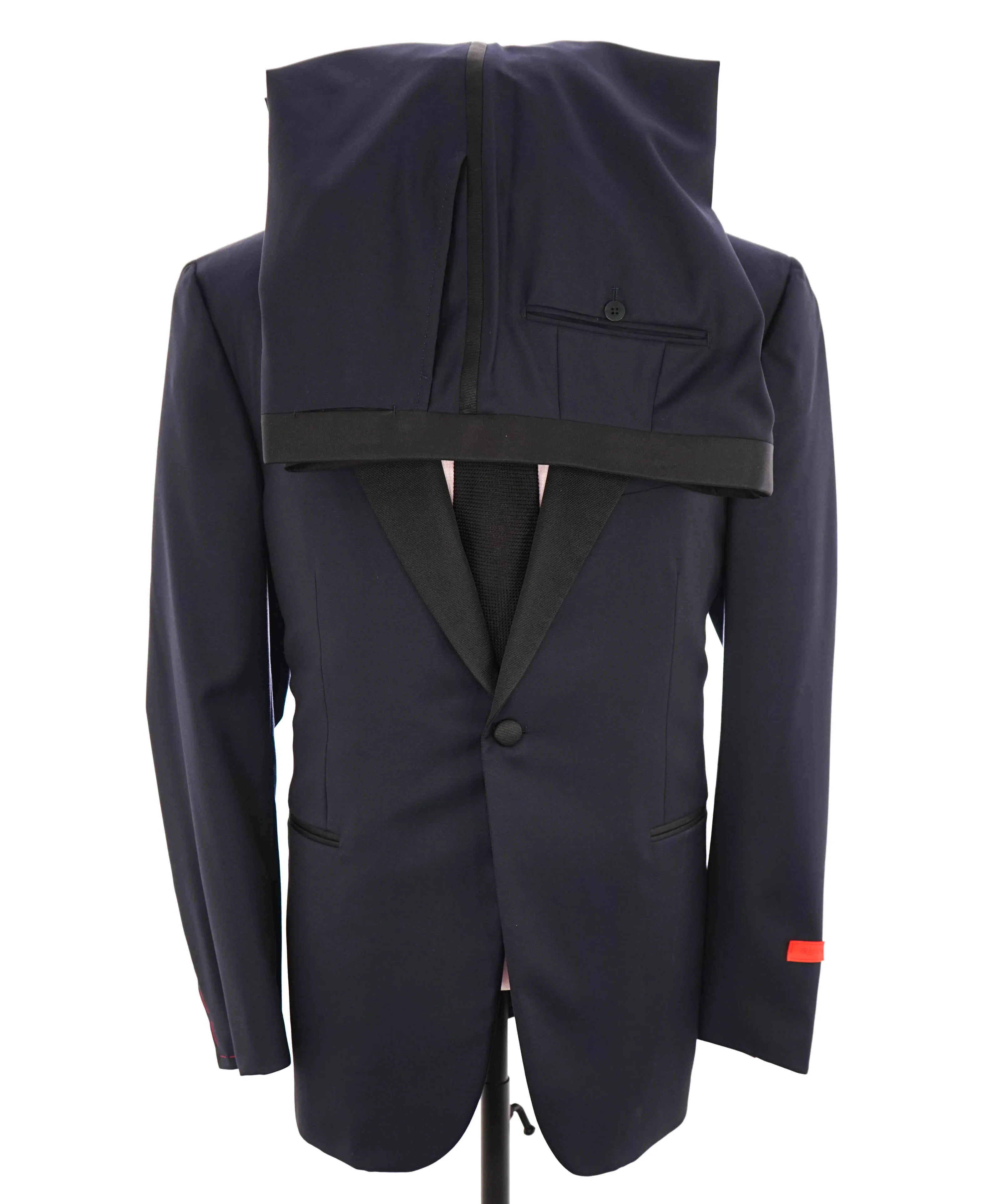 $4,595 ISAIA - "AQUASPIDER" Satin PEAK LAPEL Navy Blue Wool Tuxedo - 48R