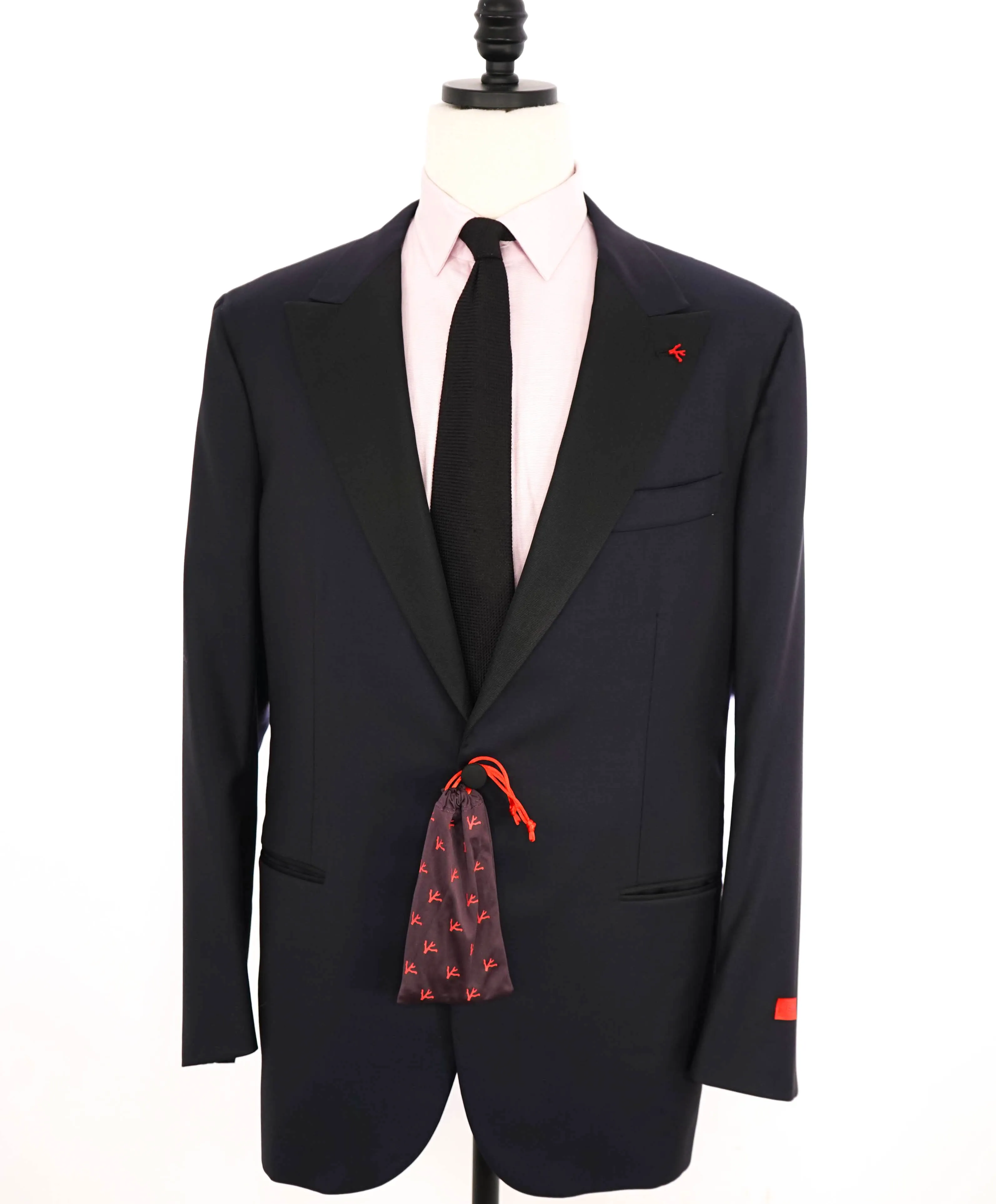 $4,595 ISAIA - "AQUASPIDER" Satin PEAK LAPEL Navy Blue Wool Tuxedo - 48R