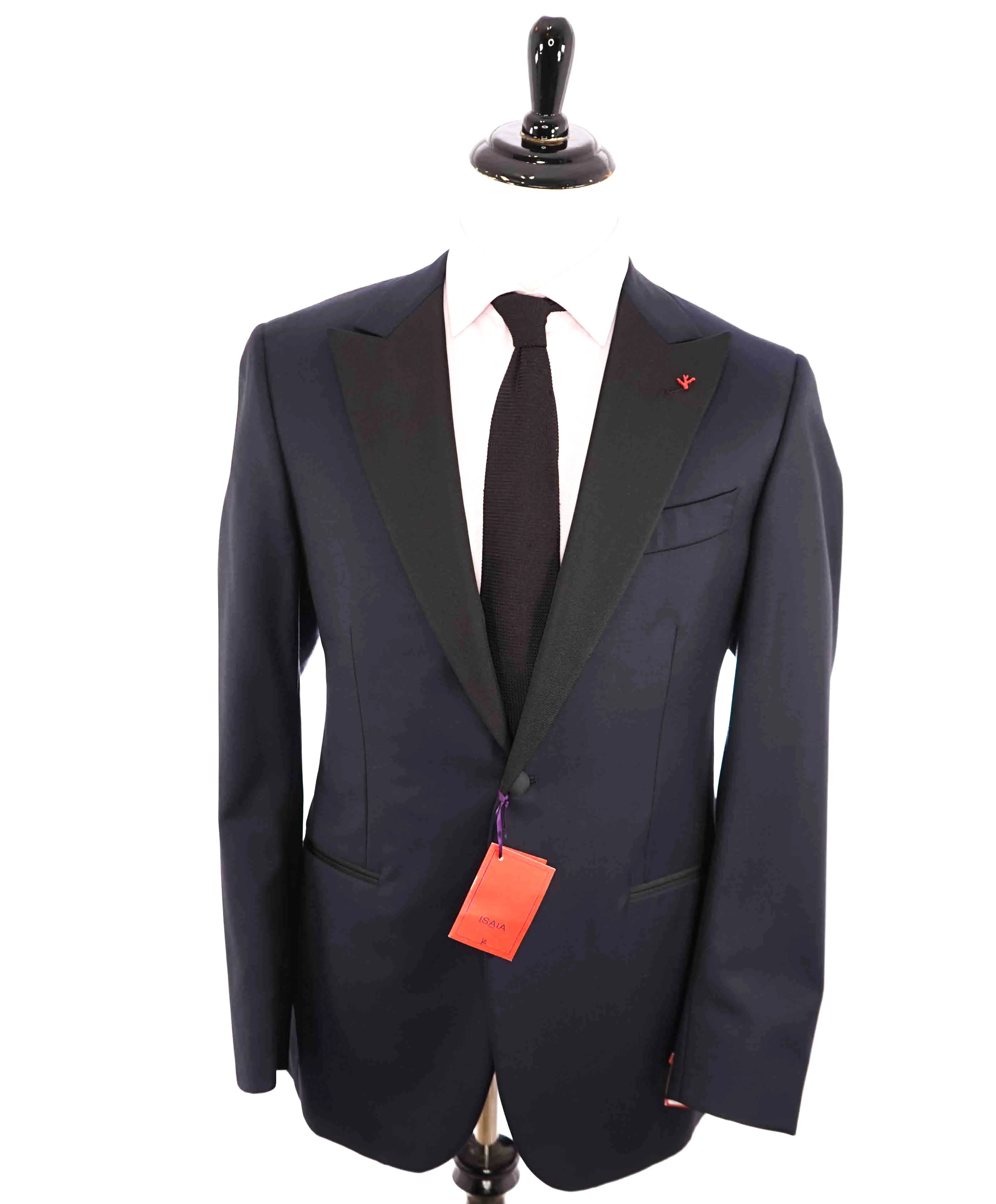 $4,595 ISAIA - "AQUASPIDER" Satin PEAK LAPEL Navy Blue Wool Tuxedo - 48R