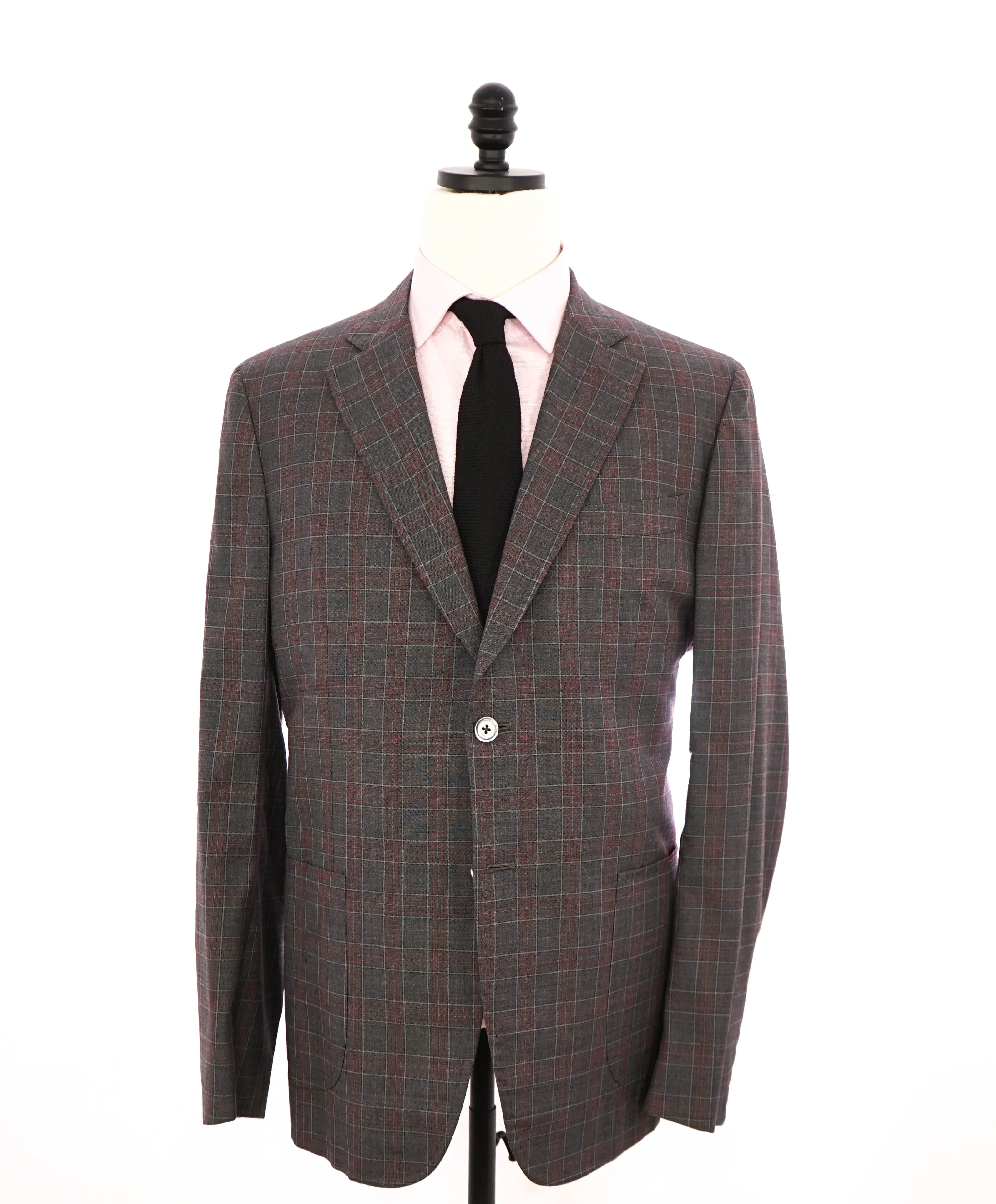 $4,750 ISAIA - Gray / Red Unique Plaid Check Wool Suit - 46R