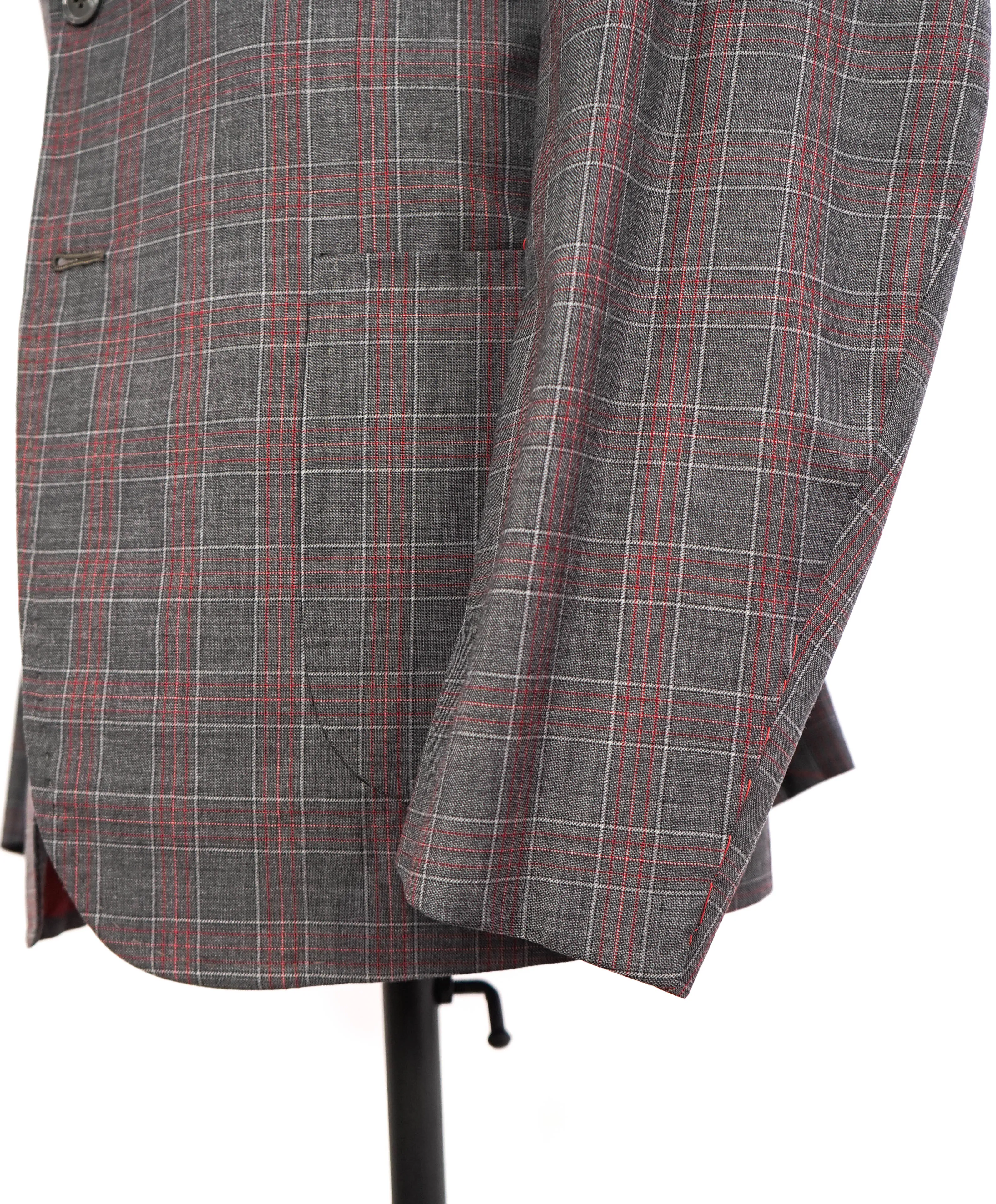 $4,750 ISAIA - Gray / Red Unique Plaid Check Wool Suit - 46R
