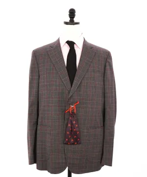 $4,750 ISAIA - Gray / Red Unique Plaid Check Wool Suit - 46R
