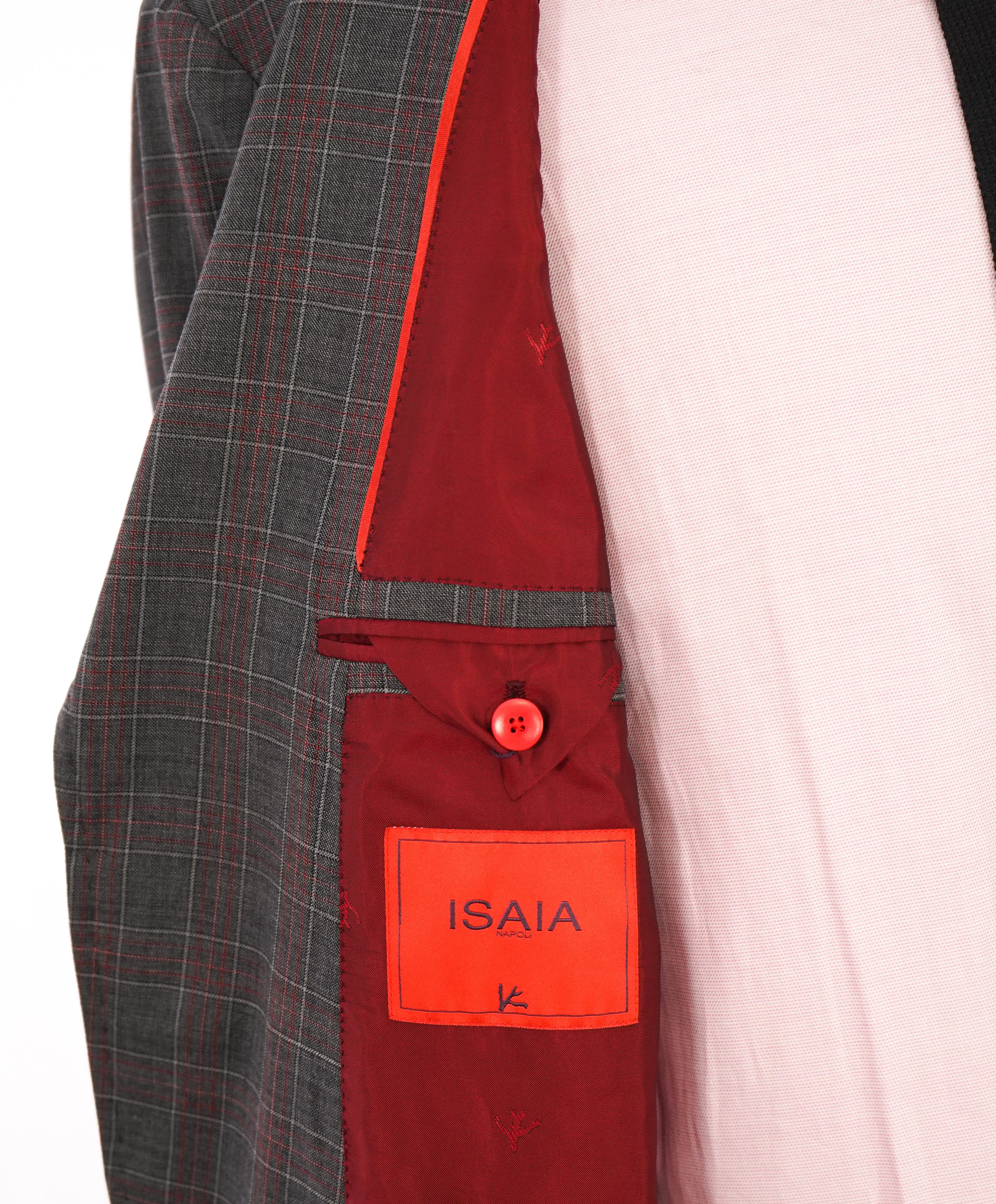 $4,750 ISAIA - Gray / Red Unique Plaid Check Wool Suit - 46R