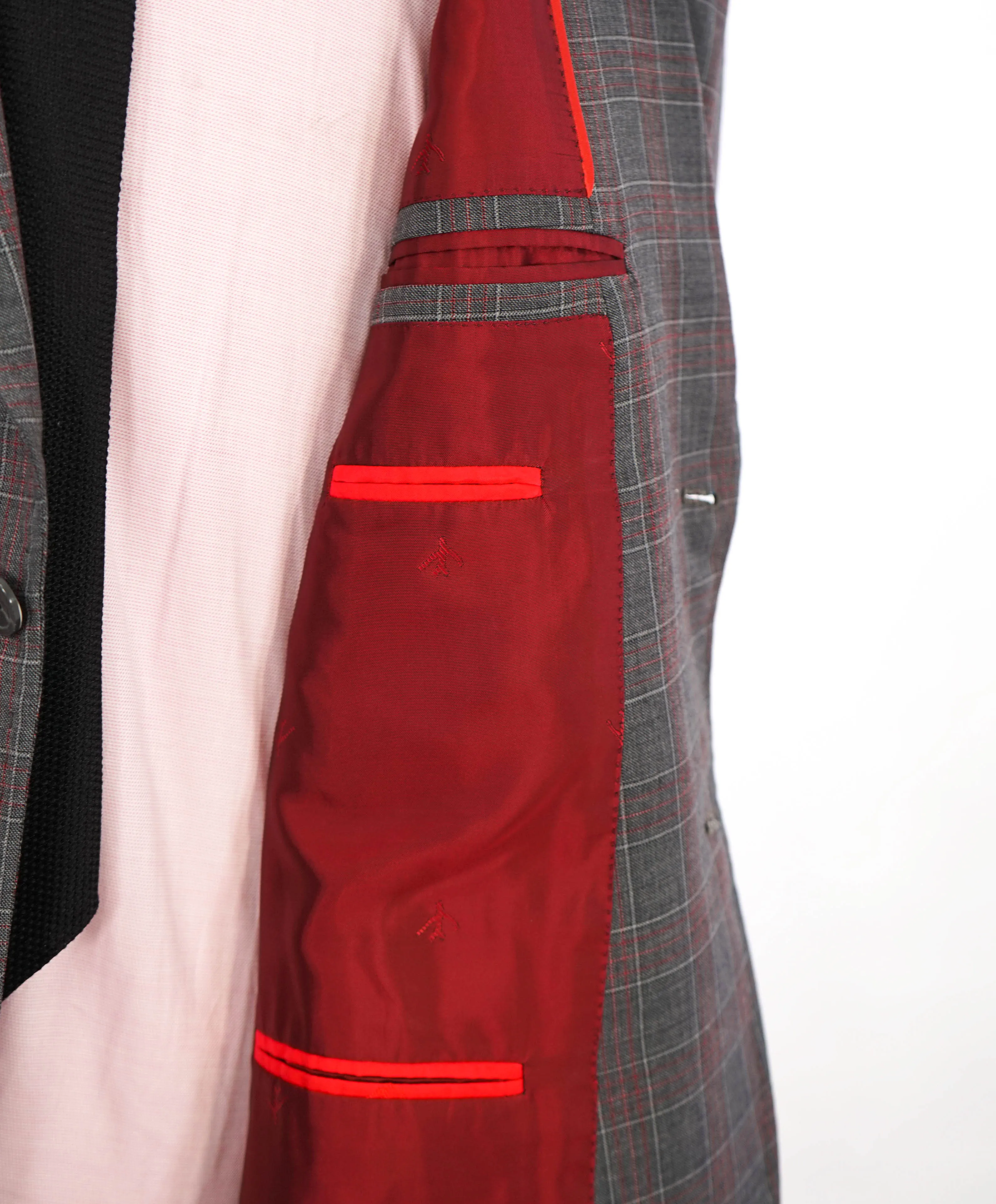 $4,750 ISAIA - Gray / Red Unique Plaid Check Wool Suit - 46R