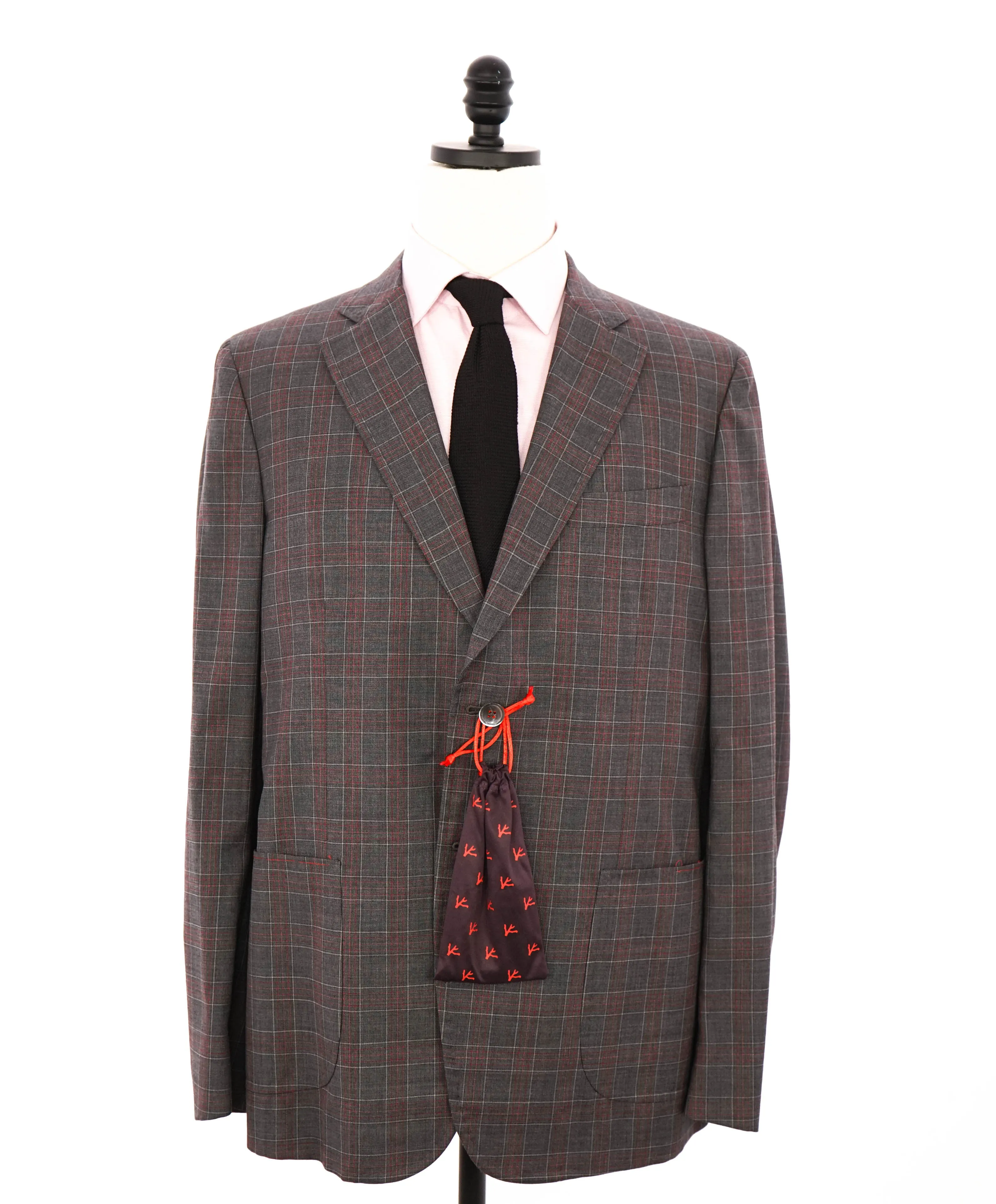 $4,750 ISAIA - Gray / Red Unique Plaid Check Wool Suit - 46R