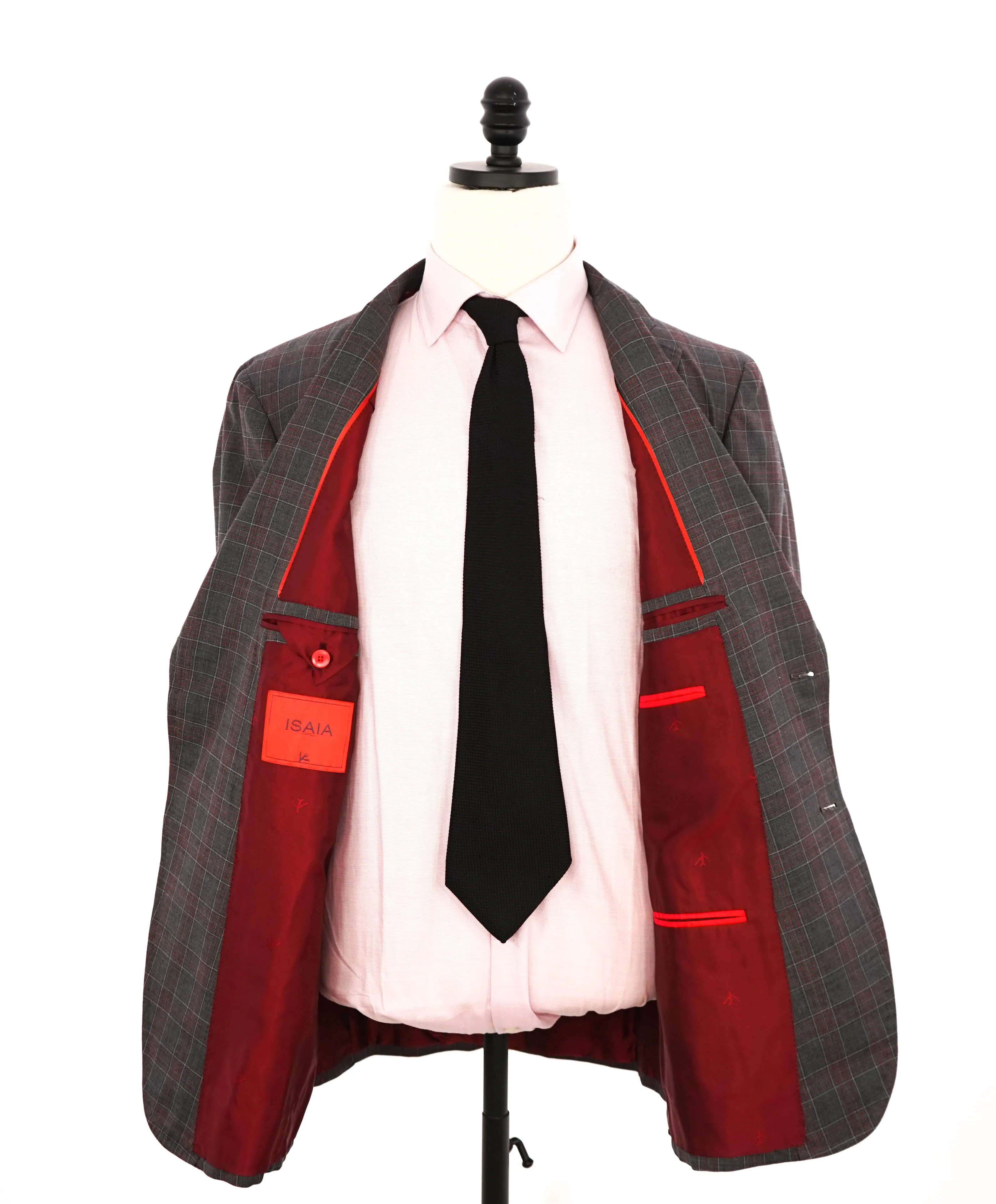 $4,750 ISAIA - Gray / Red Unique Plaid Check Wool Suit - 46R