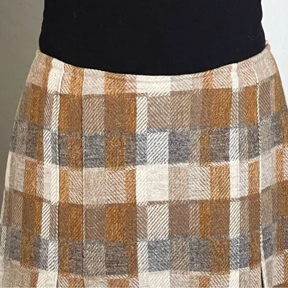 70s Vintage Pendleton plaid Tan Brown Wool Curtain High Waist A Line Skirt 2
