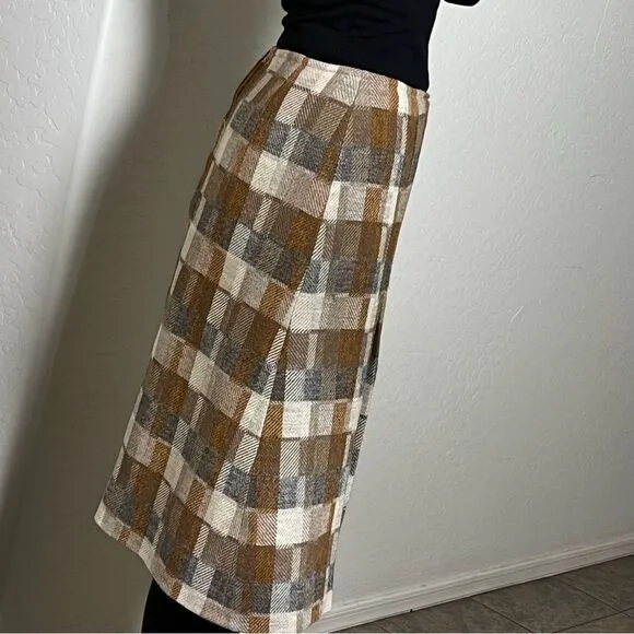 70s Vintage Pendleton plaid Tan Brown Wool Curtain High Waist A Line Skirt 2