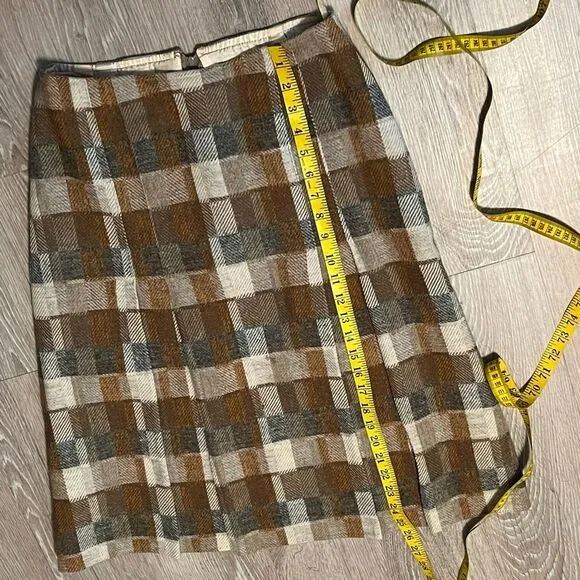 70s Vintage Pendleton plaid Tan Brown Wool Curtain High Waist A Line Skirt 2