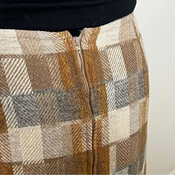 70s Vintage Pendleton plaid Tan Brown Wool Curtain High Waist A Line Skirt 2