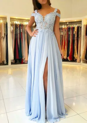 A-line Cold Shoulder Sky Blue Lace Chiffon Split Long Prom Dress