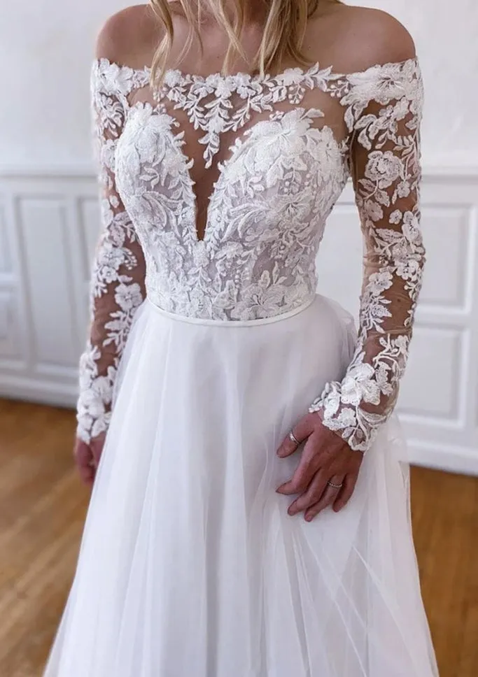 A-line Off Shoulder Illusion Long Sleeve Sweep Tulle Lace Wedding Dress