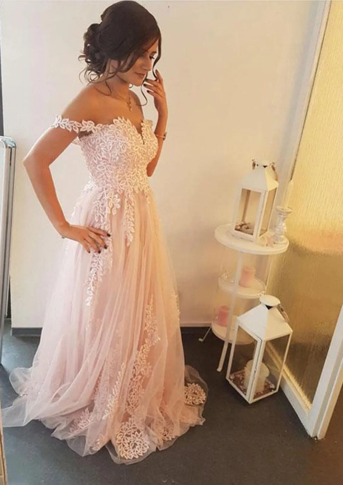 A-line Off Shoulder Sleeveless Sweep Train Wedding Party Dress, Lace