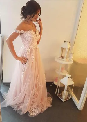 A-line Off Shoulder Sleeveless Sweep Train Wedding Party Dress, Lace