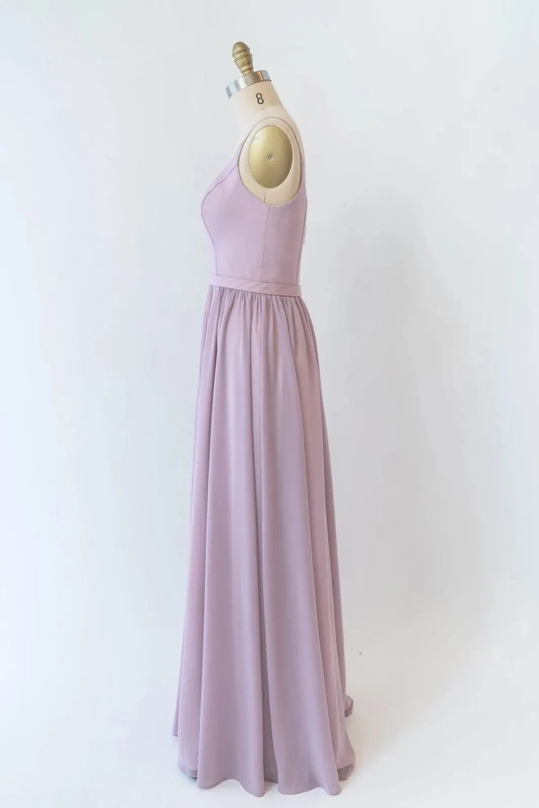 A-line Plunge Strap U Back Long Lavender Chiffon Bridesmaid Dress