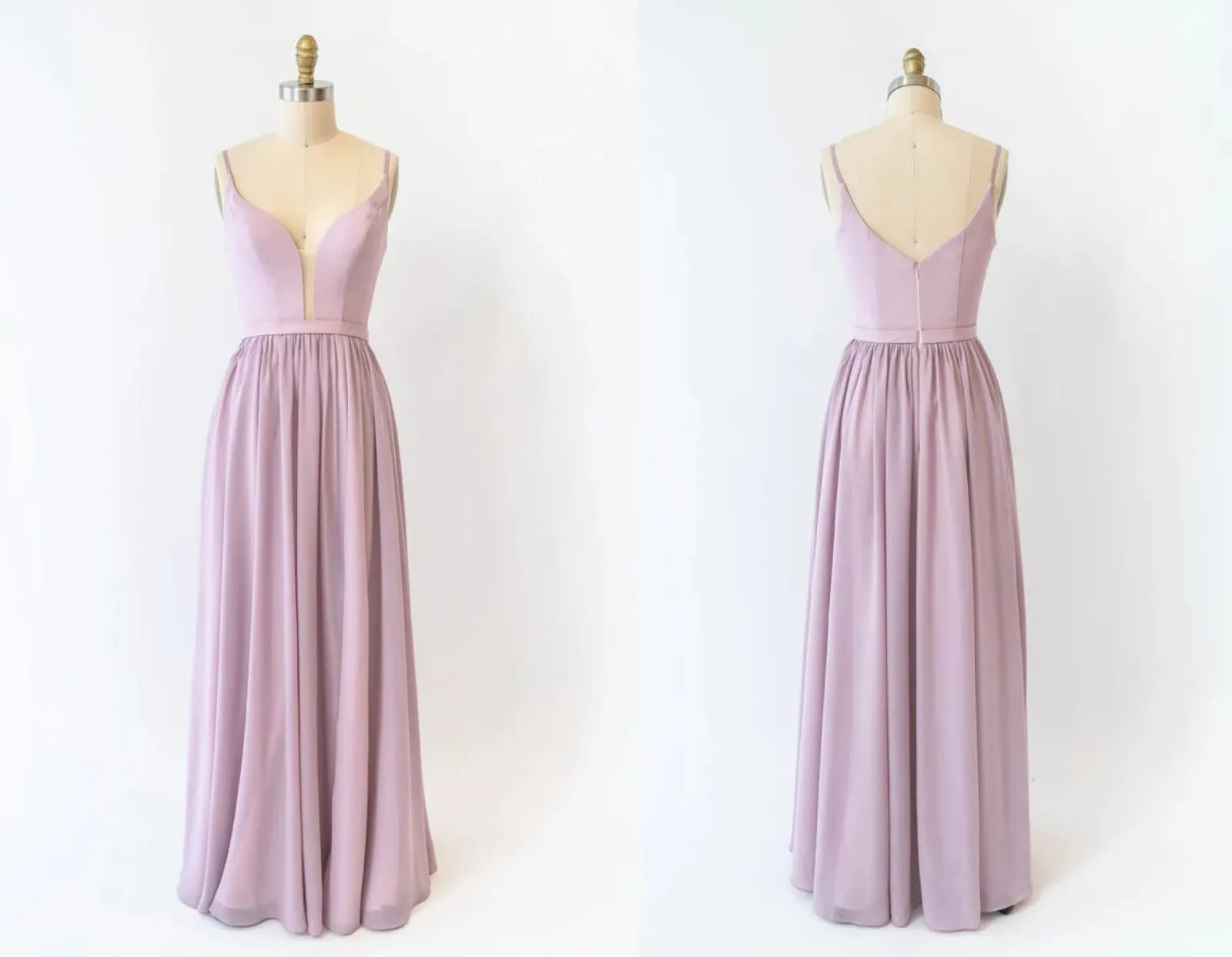 A-line Plunge Strap U Back Long Lavender Chiffon Bridesmaid Dress