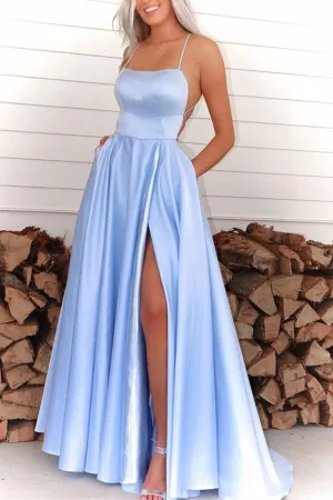 A-Line Prom Dresses Open Back Dress Formal Sweep / Brush Train Sleeveless Spaghetti Strap Satin Backless with Pleats