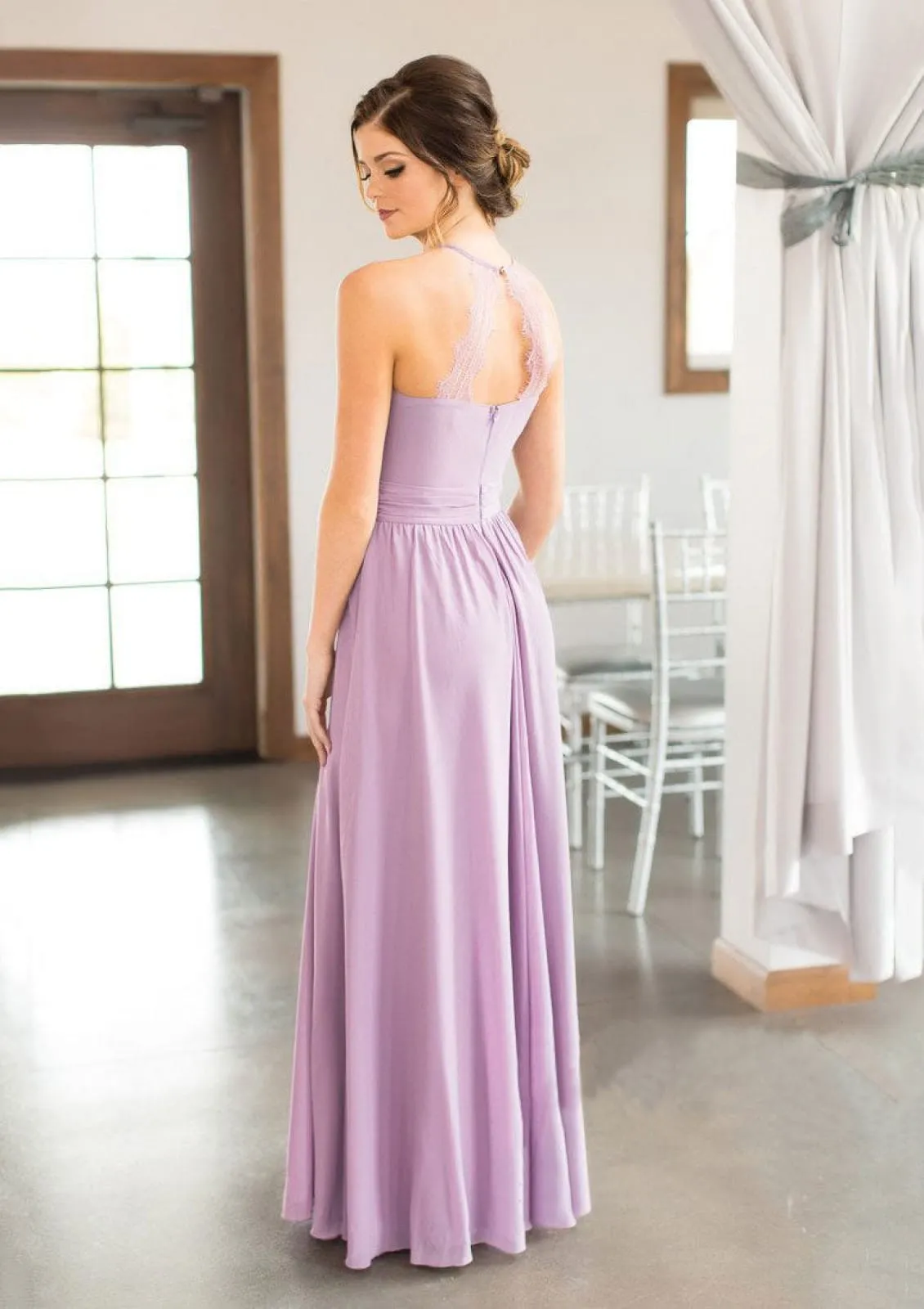 A-line Round Neck Back Lace Straps Sleeveless Pleated Brush Chiffon Bridesmaid Dress