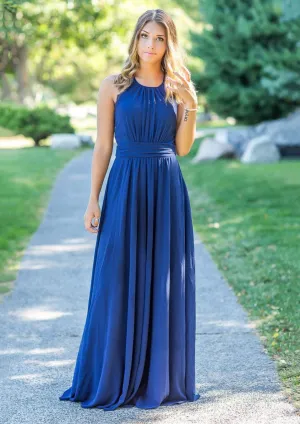 A-line Round Neck Back Lace Straps Sleeveless Pleated Brush Chiffon Bridesmaid Dress