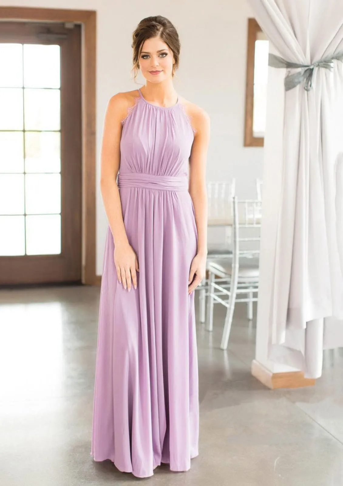 A-line Round Neck Back Lace Straps Sleeveless Pleated Brush Chiffon Bridesmaid Dress