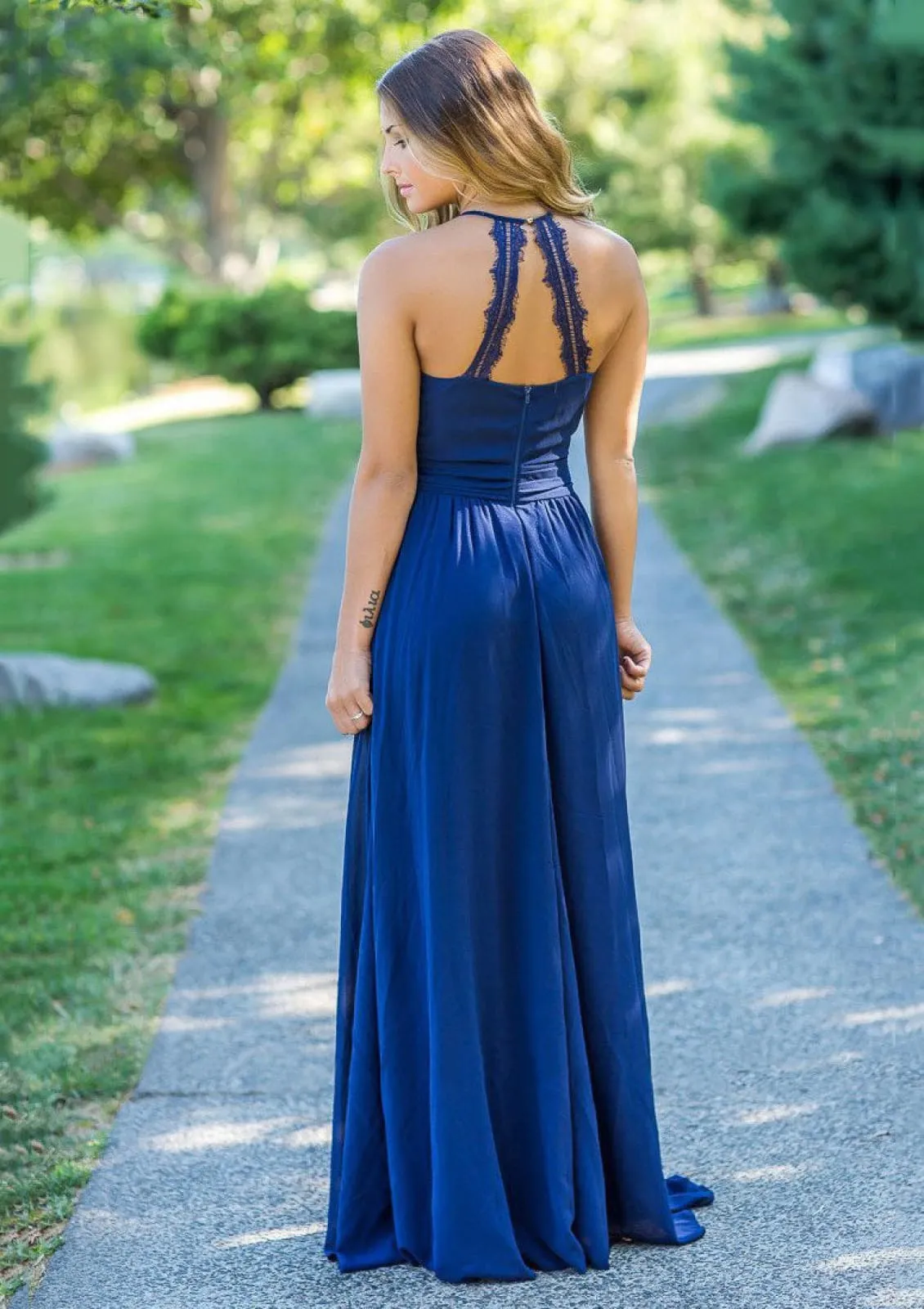 A-line Round Neck Back Lace Straps Sleeveless Pleated Brush Chiffon Bridesmaid Dress