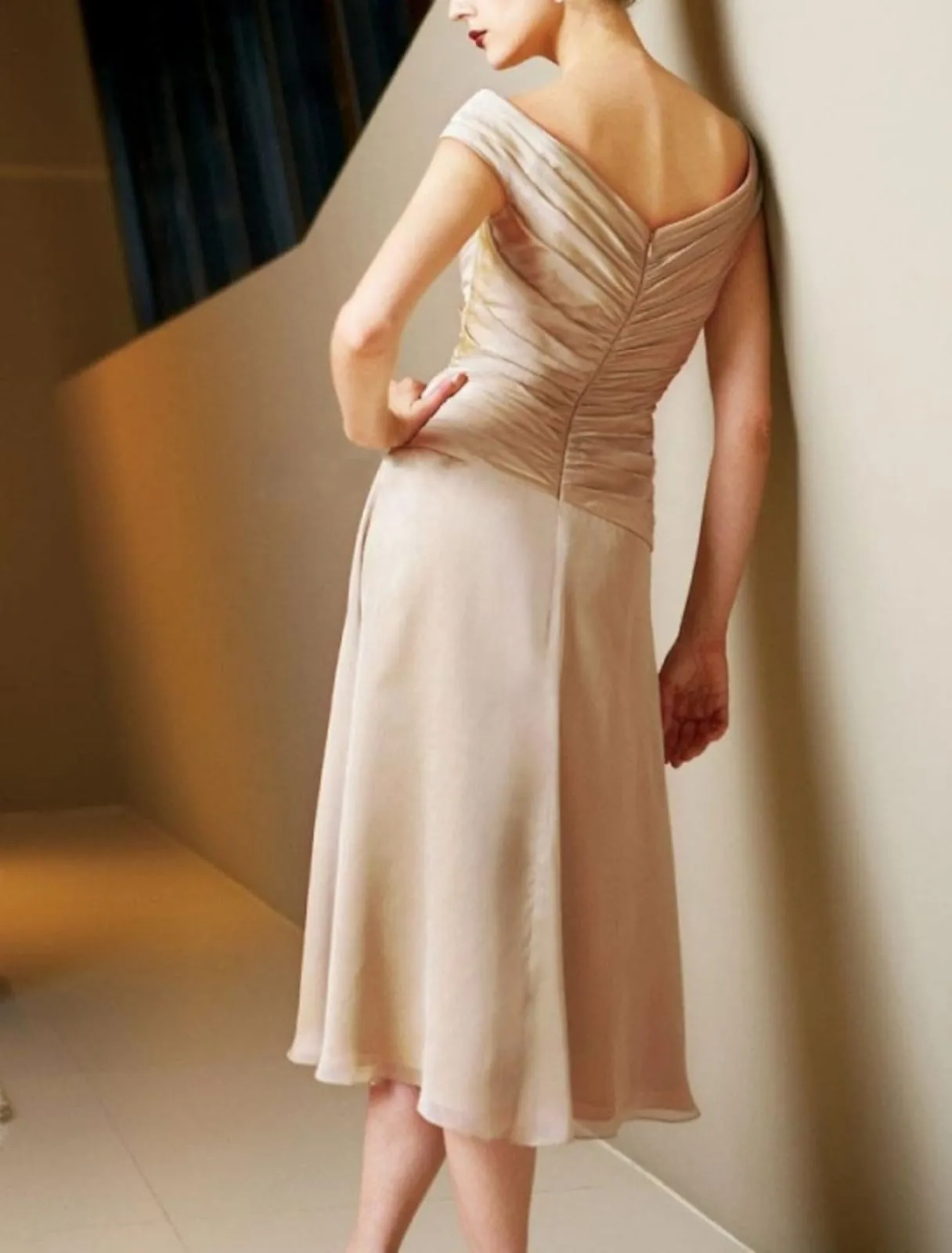A-line Surplice Neck Tea Length Chiffon Satin Ruched Mother of Bride Dress