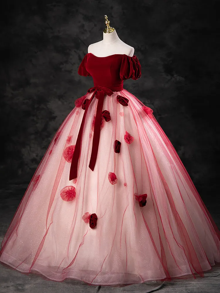 A-Line Tulle Burgundy Long Prom Dress, Burgundy Long Formal Dress