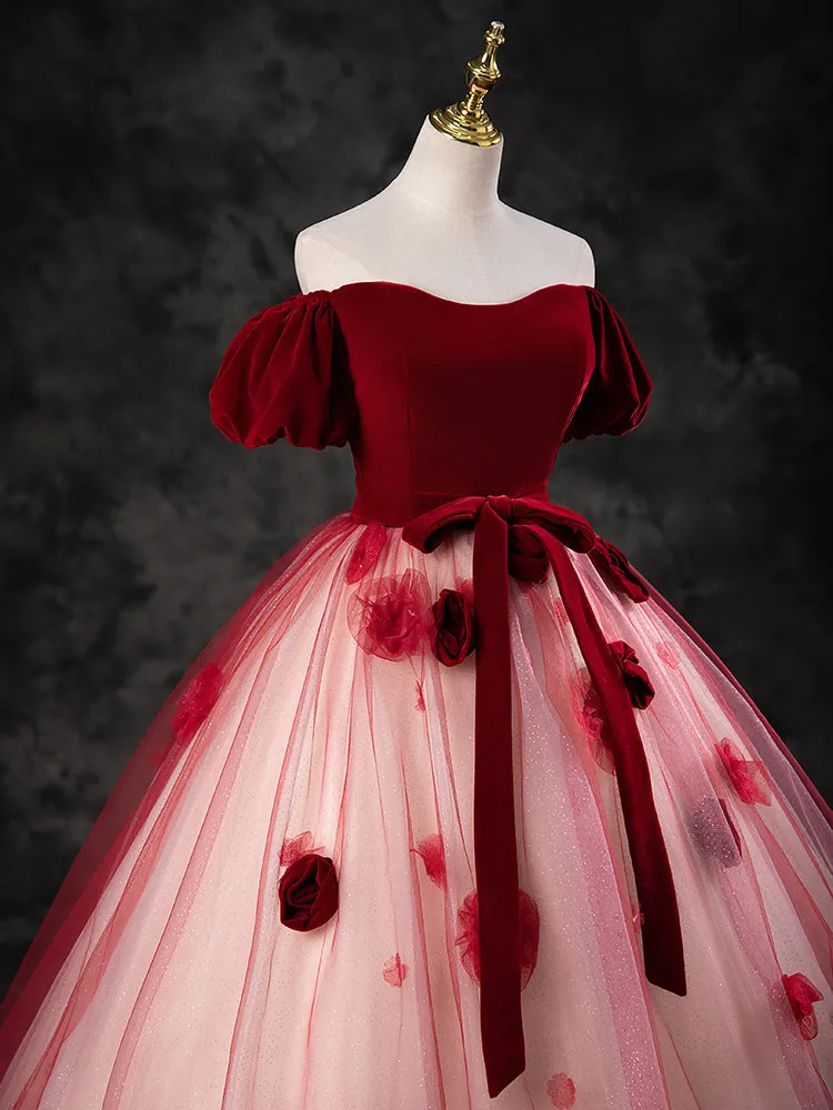 A-Line Tulle Burgundy Long Prom Dress, Burgundy Long Formal Dress