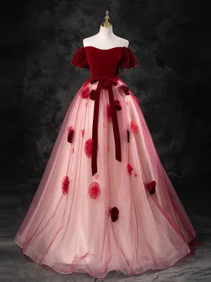 A-Line Tulle Burgundy Long Prom Dress, Burgundy Long Formal Dress