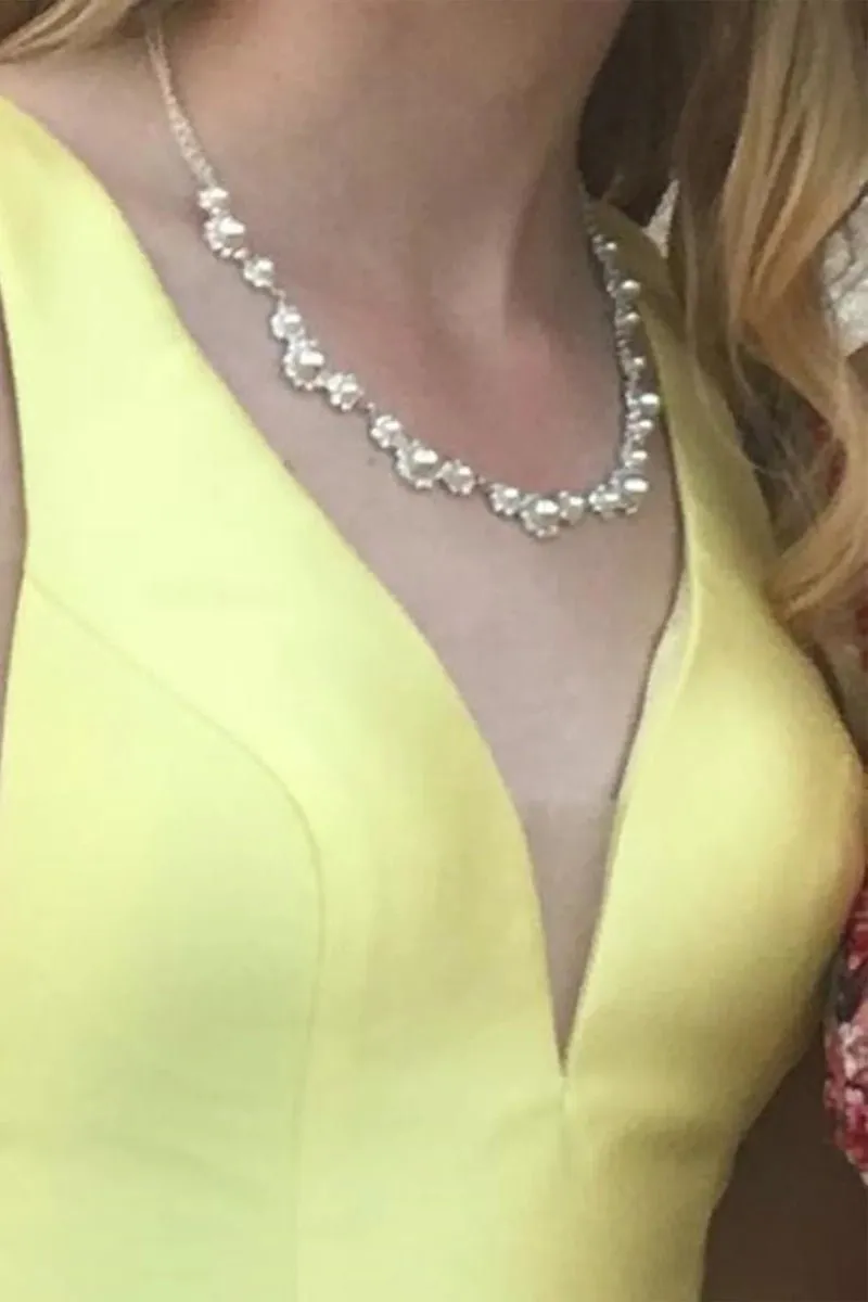 A Line V Neck Yellow Satin Long Prom Dresses with Pocket, Long V Neck Yellow Formal Evening Dresses