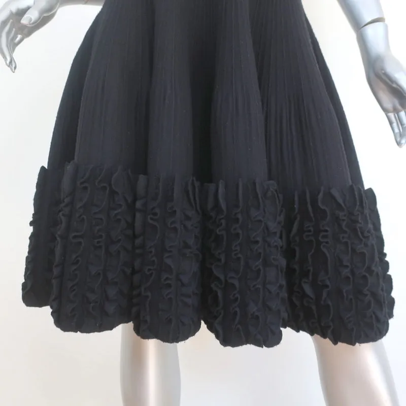 Alaia Ruffled Knit Dress Black Ribbed Wool Size 40 Sleeveless Fit & Flare