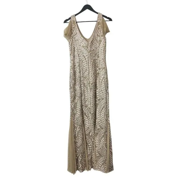 Alex Evenings Dress Womens 6 Beige Embroidered Gown Fit And Flare Wedding Guest