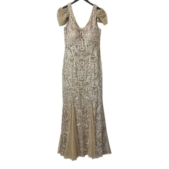 Alex Evenings Dress Womens 6 Beige Embroidered Gown Fit And Flare Wedding Guest