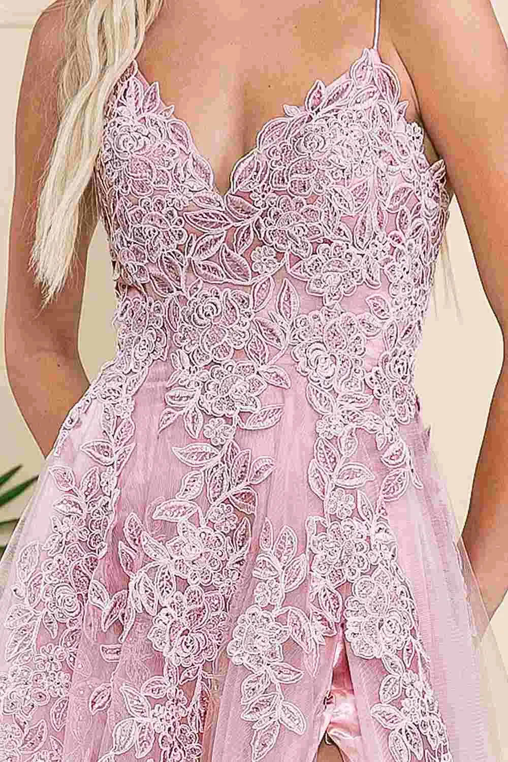 Amelia Couture BZ014 Long Mesh A-Line Embroidered Bodice Slit Dress